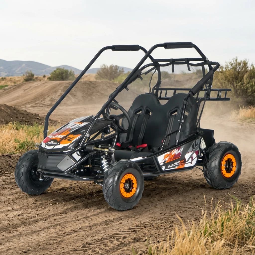 Електрическо бъги RSX XL, 2000W, 60V/20Ah, до 40 км/ч, Двуместно, Хидравлични спирачки, Оранжево – на прашна офроуд писта