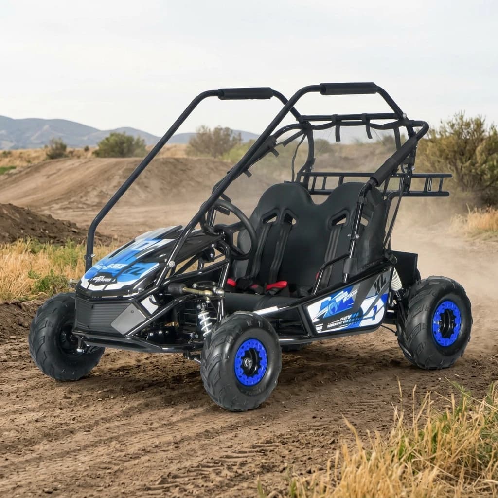 Електрическо бъги RSX XL, 2000W, 60V/20Ah, до 40 км/ч, Двуместно, Хидравлични спирачки, Синьо – на прашна офроуд писта