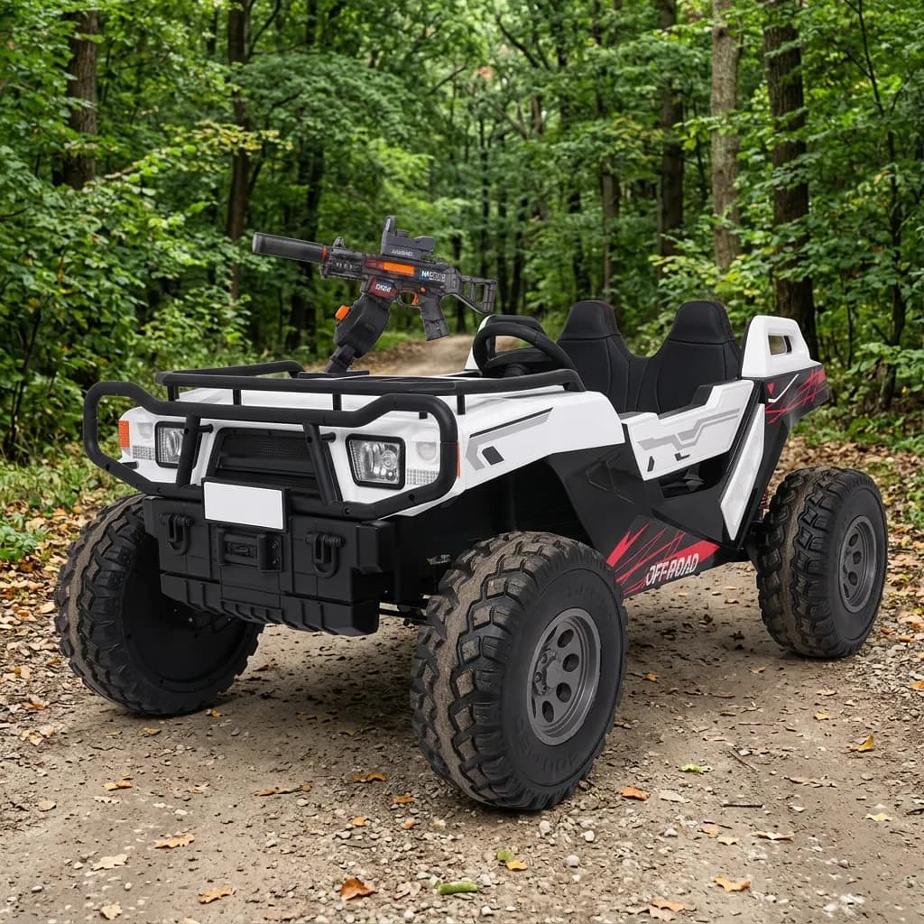 Детско Акумулаторно UTV Off-Road XXL, 4x4, 500W, 24V/14Ah, Двуместно, Воден пистолет, Бяло – отпред отдясно на горски път