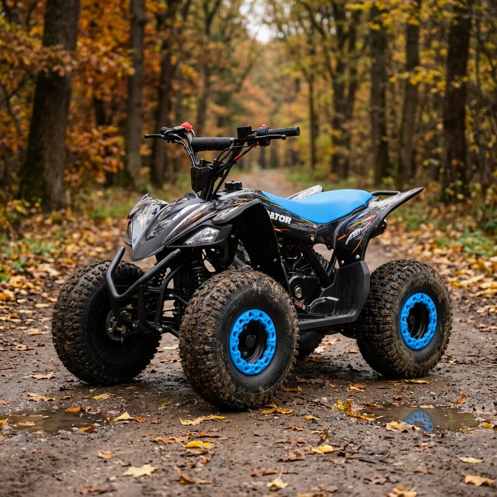 Бензиново ATV Predator 125cc, до 55 км/ч, 4-тактов двигател, Автоматик със задна предавка, Синьо – на черен път в есенна гора