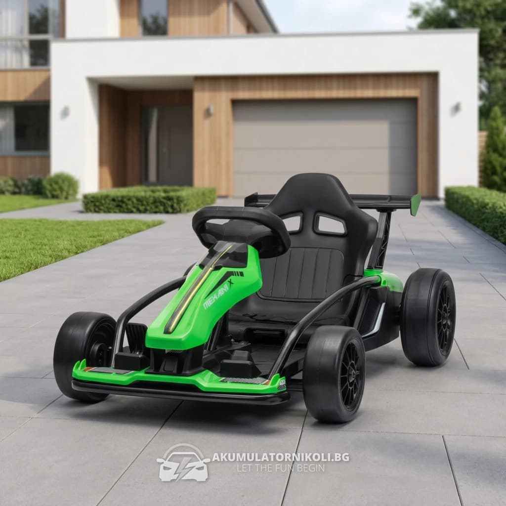 Детски Акумулаторен Картинг Mekani-X, Drift, 600W, 24V/7Ah, 15 км/ч, Зелен – отпред отляво на алеята пред къщата, с логото на магазина